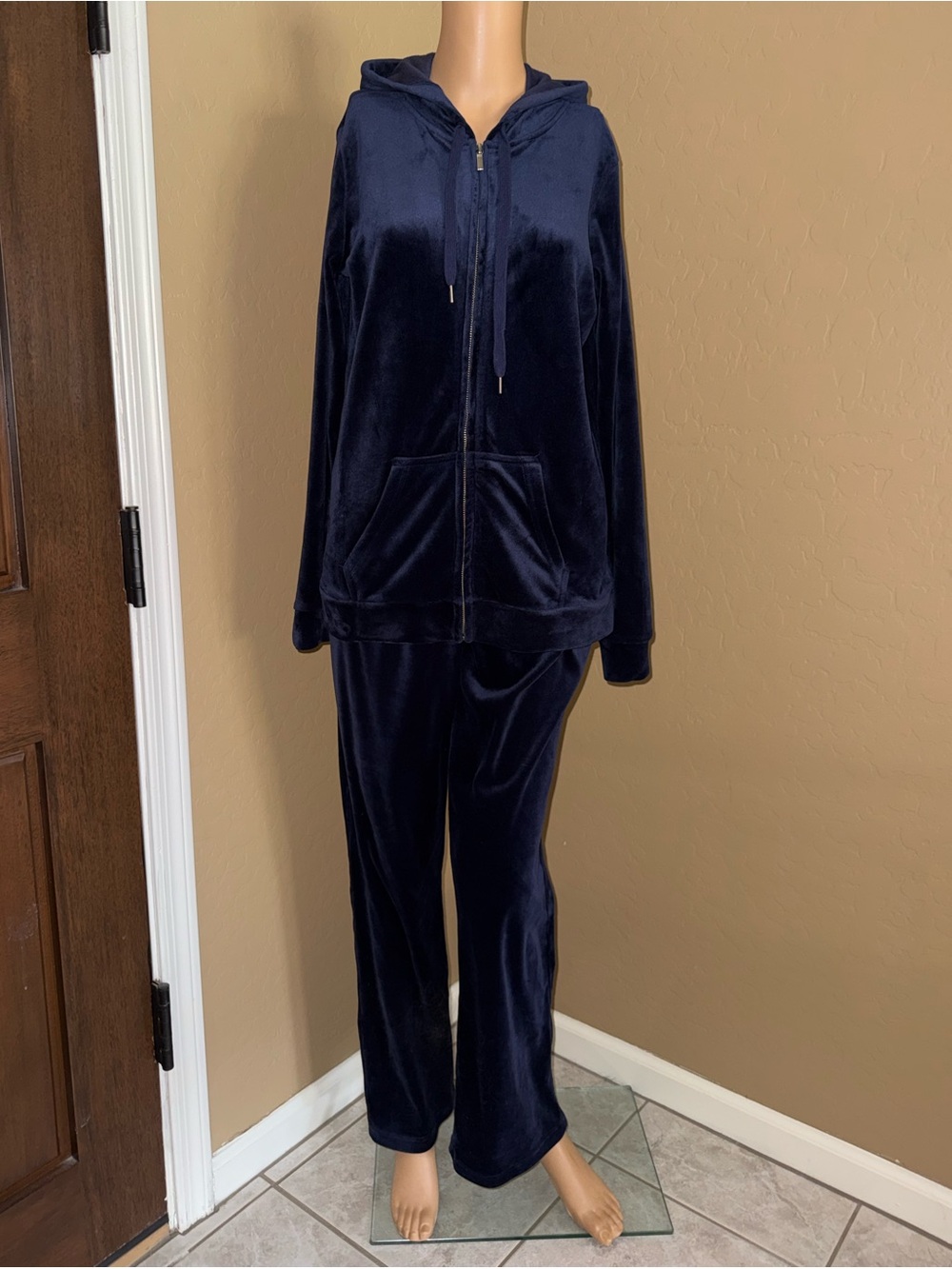 Gloria Vanderbilt Velour Hooded Zip-Up Lounge Set - Navy- Medium